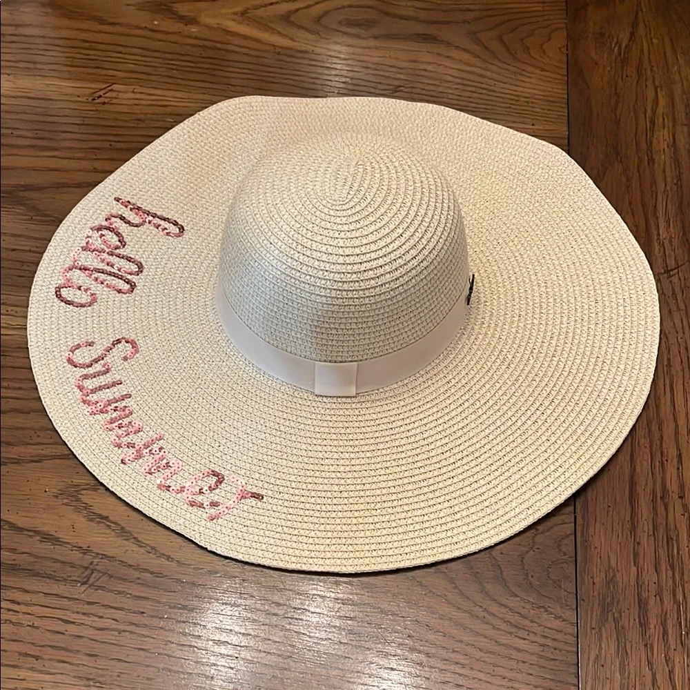 Beige Sun‎ Hat with Pink Sequins HELLO SUMMER